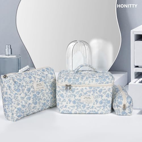 Quilted Floral Makeup Bag Set - 3 Piece Cotton Travel Cosmetic Organizer