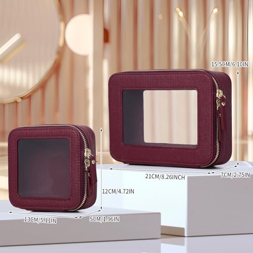 Clear Makeup Bag Set Travel Cosmetic Bag and Toiletry Bag Women's Purse Pouch Cosmetic Stroage Organizer Case with Zipper Car Essentials (Burgundy, M+Mini)