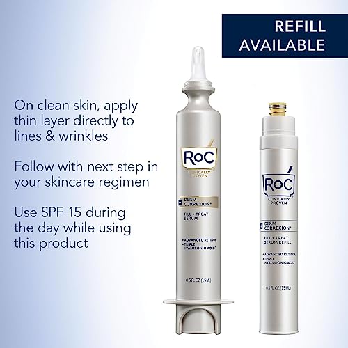 RoC Derm Correxion Fill + Treat BUNDLE with Advanced Retinol Serum, Wrinkle Filler Treatment with Hyaluronic Acid for Wrinkles, Crow's Feet, and Laugh Lines, 15ml + REFILL CARTRIDGE