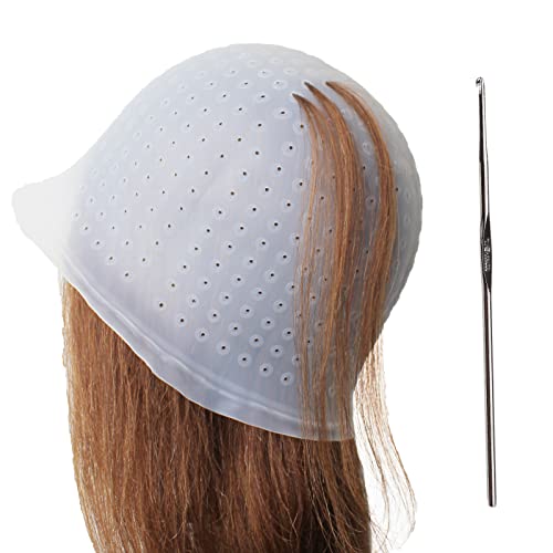 Punched Silicone Highlight Hair Cap with Needle Professional Reusable Highlighting Poked Hole Caps with Hooks for Color Hair Salon Hairdressing Dyeing Staining Tools for Women Men