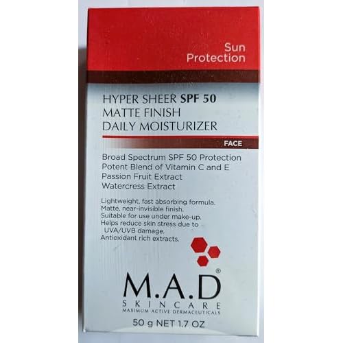 M.A.D Skincare HYPER SHEER SPF 50 MATTE FINISH DAILY MOISTURIZER Sun Protection ? Non-Greasy Mineral Face Cream ? Oil-Control Hydration with Antioxidants ? Paraben-Free ? 1.7 oz