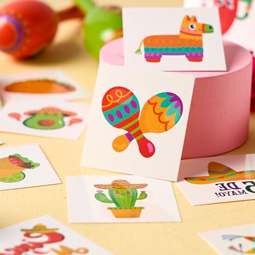 JOYIN 144 PCS Cinco De Mayo Temporary Tattoo Set for Mexican Themed Party, Fiesta Party Fake Tattoos Stickers Sombrero Hats, Taco Design, Face Body Tattoo Decorations