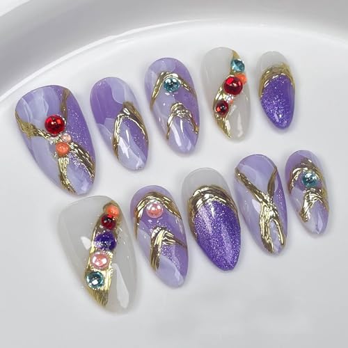 FADOORA Handmade Press On Nails Medium Almond Nails Press On Purple False Fake Nails with Gold Line Bling Gems for Birthday Party Prom 10PCS M Size