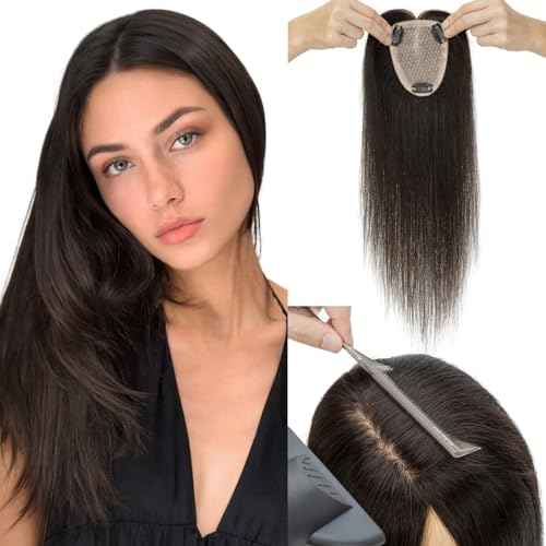Hairro Human Hair Toppers Free Parted, 3.5x4.7" Base Hand-wovened 100% Real Hairpieces, with Invisible Clips-in for Women, for High Hairline/Adding Volume on Top, 16 Inch Light Natural Black