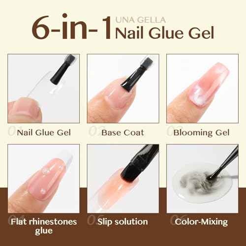 UNA GELLA 6 in 1 Gel Nail Glue for Clear Acrylic Nails Tips, 15ml UV Nail Glue Long Lasting Super Strong Brush for Base Coat, Clear Fake Nails, and Soft Gel Tips Lamp Curing Required