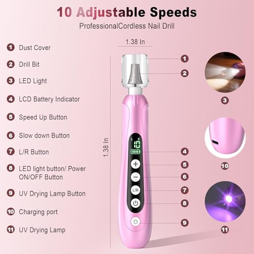 Cordless Electric Nail Drill - Rechargeable, 10 Speed, Low Noise