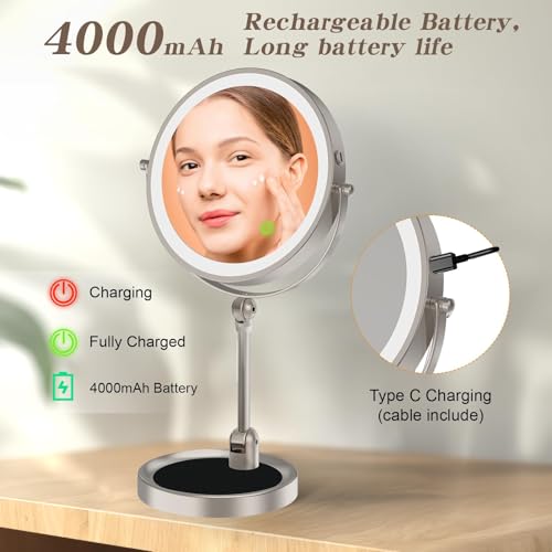 9" Large Lighted Makeup Mirror with 1X/10X Magnification, 4000mAh Rechargeable Vanity Mirror with Height Adjustable & 3 Color Dimmable Lights, 360¡ÆSwivel Double Sided Tabletop Cosmetic Mirror