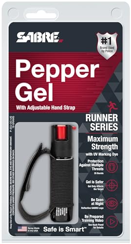 SABRE Runner Pepper Gel, Maximum Police Strength OC Spray, Reflective Hand Strap for Easy Carry & Quick Access, 0.67 fl oz, Secure & Easy to Use Safety, Optional Clip-On Alarm & LED Armband Combos