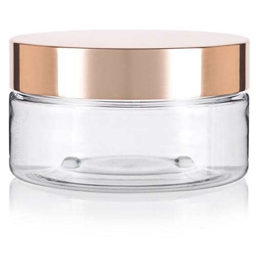 (12 Pack) 8 oz Clear Plastic Low Profile Wide Mouth Jar with Gold Metal Overshell Lid