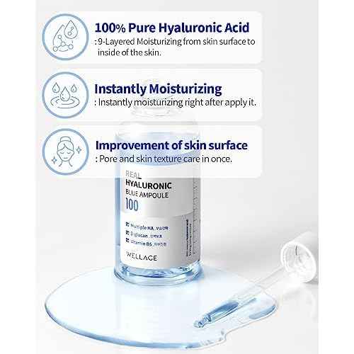 WELLAGE Real Hyaluronic Blue Ampoule 100, Korean Skincare, Fragrance Free Hyaluronic Acid Serum with Panthenol, Wild yam, Centella for Sensitive Dry Skin Moisturizer 1.01 fl.oz