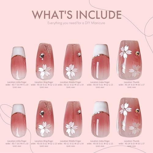 Veil Press On Nails 10pcs, Pink Cherry Blossom Gradient UV Gel/Acrylic False Nails, Elegant Floral French Tip Spring Blossom Nail Art for Women, Cute Pastel Flower Soft Glam Nail Set (Pink, M)