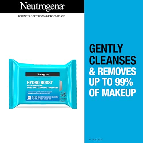 Neutrogena Hydro Boost Facial Cleansing Towelettes + Hyaluronic Acid, Hydrating Makeup Remover Face Wipes Remove Dirt & Waterproof Makeup, Hypoallergenic, 100% Plant-Based Cloth, 2 x 25 ct