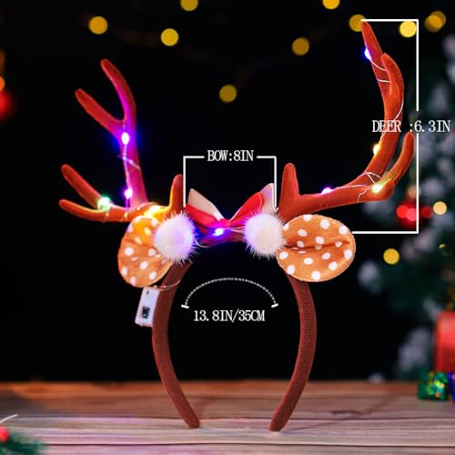 Fdesigner Antler Reindeer Headbands Brown Light Up Christmas Deer Hairband Elk Headband Xmas Fawn Ears Headpiece Holiday Women Hair Accessories Props for Costume (Bow)