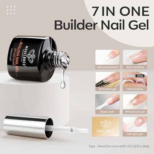 modelones Builder Nail Gel, 7-in-One Clear Builder for Nails, LED Lamp Cured Color Rubber Base Gel Polish Coat Strengthener Thickening Extension Rhinestone Glue in a Bottle for DIY Home Salon Gifts
