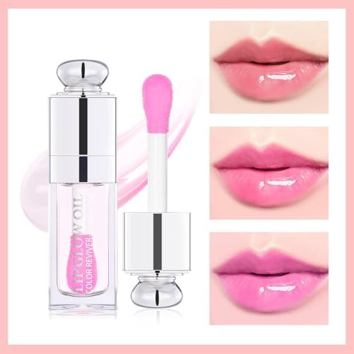 Plumping Lip Oil,Hydrating Gloss Tinted Lip Balm Transparent Lip Care,Big Brush Head Glitter Shine,Long Lasting Nourishing Non-sticky Fresh Textureand Dry Lips Lip Care Products0.2 OZ(008# SAKURA)