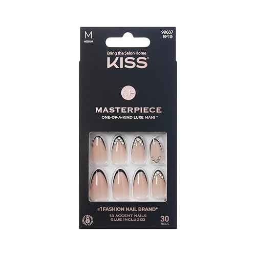 KISS Masterpiece French Tip Press On Nails, Black, Medium Almond, 12 Jeweled Accents, Glossy Finish Nail Kit Contains 30 Fake Nails, Pink Gel Nail Glue 2g (0.07 Oz.), Manicure Stick, & Mini Nail File