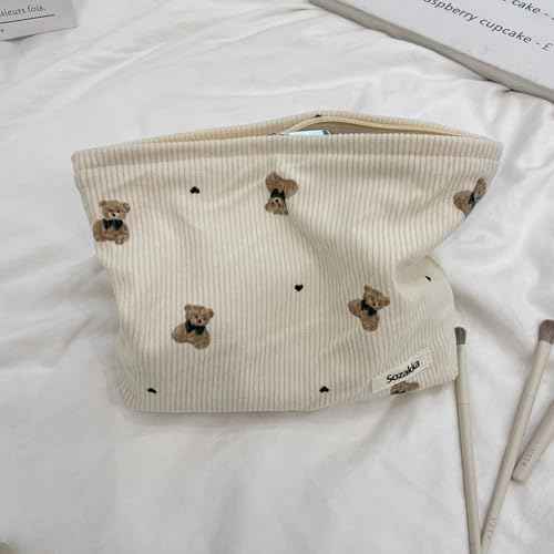 Corduroy Travel Makeup Bag with Bear Pattern, Cosmetic Bag for Purse Organizer, Toiletry Bag with Zipper For Women Travel Essentials(02Beige)