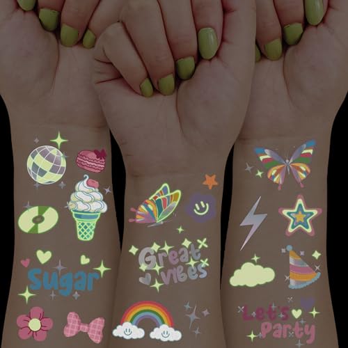 Glow in Dark Temporary Tattoos Adult - 126 PC; Festival Vibe Birthday Party Supplies, Great Vibes Disco Groovy Tattoos, Smiley Decorations, Y2K Decor, Flower Power Birthday Party Supplies