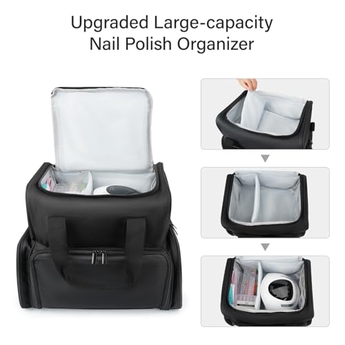 LKE Nail Polish Organizer Case - Holds Up to 70 Bottles, Nail Lamp & 2 Removable Bags, Large Capacity 4-Section Professional Manicure Kit for Nail Artists & Enthusiasts