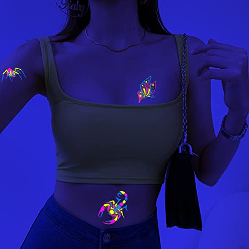 Neon Temporary Tattoos - 61 Glitter Styles, UV Glow, Waterproof