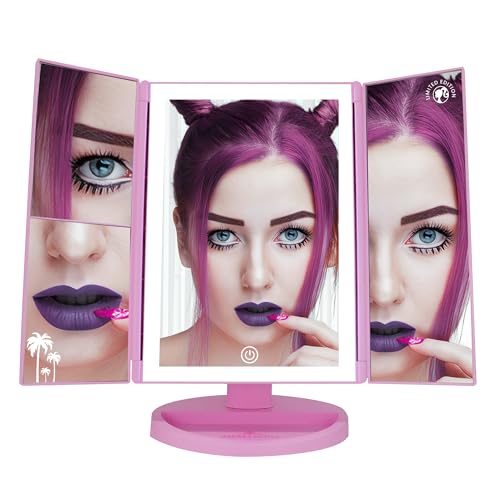 Impressions Vanity Barbie LED Trifold Makeup Mirror with Magnification, 3 Way View Portable Desk Mirrors with Dimmable Tri Tone Lighting, Tilt Adjustable Stand, and Touch Switch
