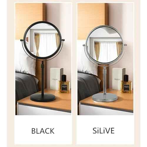 Height Adjustable Makeup Mirror 8 Inch Double-Sided 7X Magnification, Black Magnifying Makeup Mirror Round Tabletop Mirror Tall, Countertop Standing Cosmetics Black Finish