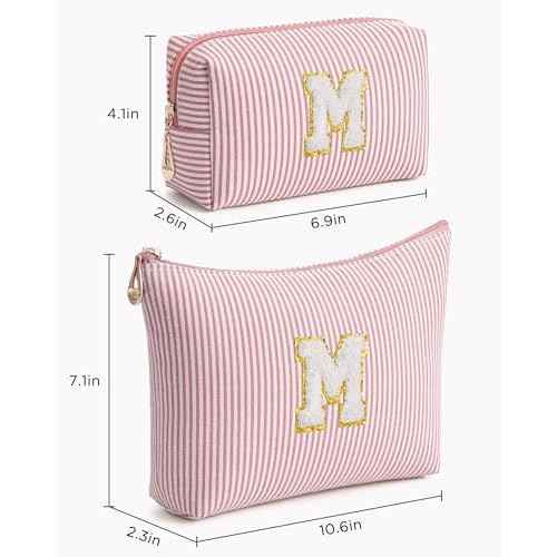 Pink Personalized Initial Makeup Bag Set, Cute Preppy Travel Toiletry Cosmetic Bags, Small Make Up Pouch, Birthday Gifts for Women, Girls, Friends, (M)