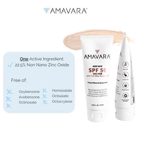 Amavara Tinted Mineral Sunscreen SPF 50, Physical Zinc Based Sunblock, Vegan Waterproof Sun-Shield, Broad Spectrum Reef Safe Suntan Lotion for Sensitive Skin Face & Body, 1.65 Ounces (1-Pack)