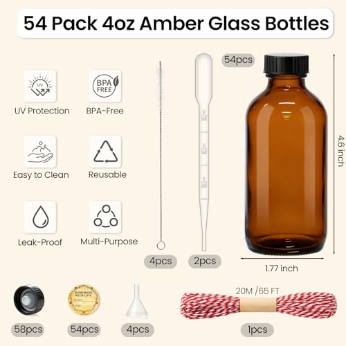 TBWIND 54-Pack 4oz Amber Glass Boston Bottles with Airtight Caps