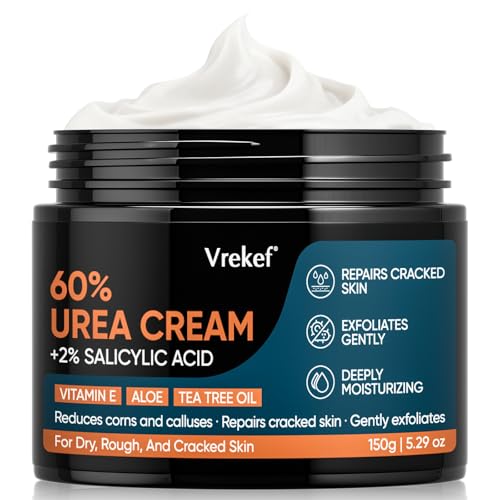 VREKEF Urea Cream 60% with 2% Salicylic Acid - Deep Hydration Foot Cream for Dry Cracked Heels & Calluses, 5.29 oz