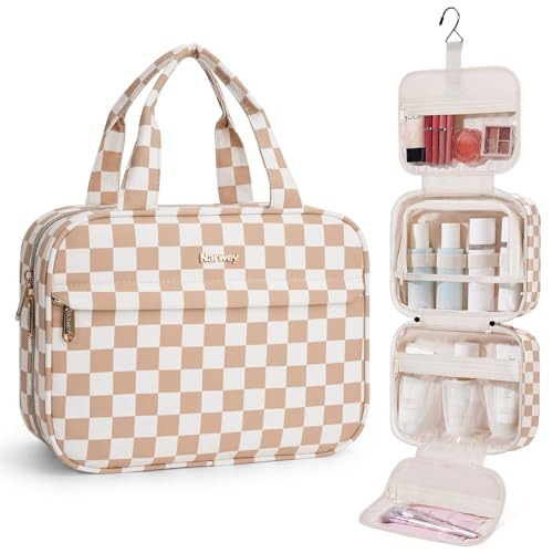 Narwey Light Brown Checkerboard Hanging Travel Toiletry Bag for Women, 4-Compartment Organizer