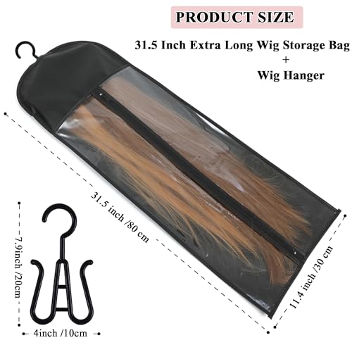 AIAIZHQH 2 Packs Extra Long Hair Extension Holder Wig Holder Wig Storage Bags with Hanger, Wig Storage for Multiple Wigs Hair Extension Hanger with Bag (31.5 Inch, 2Pcs Black)