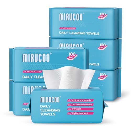 100 Sheet Daily Cleansing Towels Ultra Soft Dry Wipes for Sensitive Skin Disposable Facial Washcloths 100% Organic Viscose (Pack of 6)