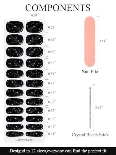 EBANKU 24 Pcs Semi-Cured Gel Nail Strips, Gel Wraps for Nails Stickers, Easy Apply & Remove for Salon-Quality Manicure, Nail Salon DIY with Nail File and Nail Stick UV/LED Lamp Required(Black Glitter)