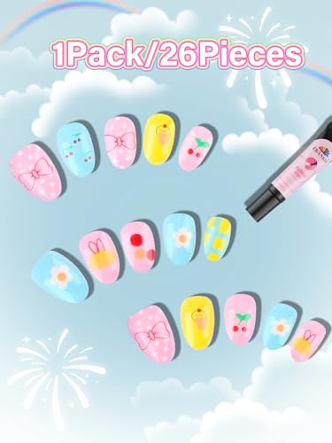 EBANKU 24pc Kids Press On Nails Set - Almond False Nails for Girls