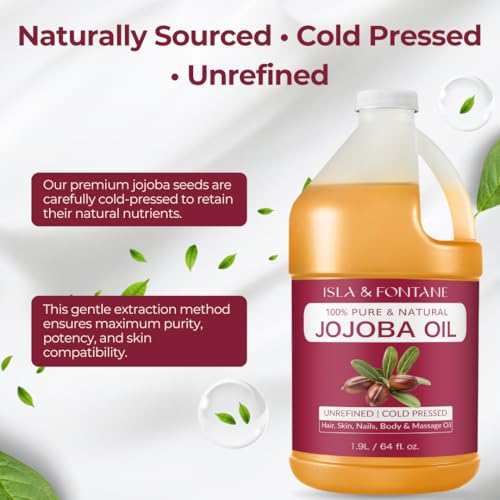 ISLA & FONTANE Jojoba Oil ? 64 fl oz | 100% Pure & Natural | Golden, Unrefined, Cold Pressed | Hexane-Free Carrier Oil for Skin, Hair, Face, Nails & Body Moisturizing