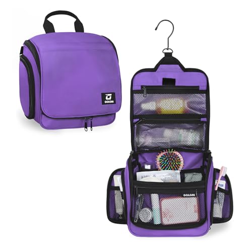 Goloni Hanging Toiletry Bag with Hook, Large Makeup Bag Travel Organizer, Water-Resistant Hanging Cosmetic Bag with 10 Compartments for Women & Men,Purple