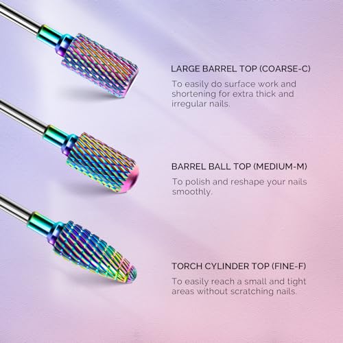 7-Piece Nail Drill Bits Set - Tungsten Carbide & Diamond, 3/32'' Shank, Two-Way Rotation for Acrylics and Gel Nails