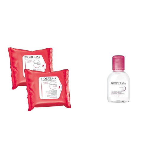 Bundle of Bioderma - Makeup Remover - Sensibio H2O - Cleansing and Make-Up Removing - Skin Soothing - Makeup Wipes and H2O Micellar Water for Sensitive Skin