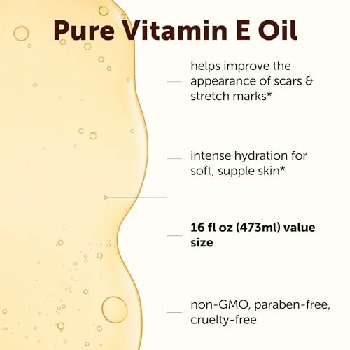Pure Vitamin E Oil 16 fl oz (473ml) | Deep Moisture for Face, Body & Hair | Helps Improve the Appearance of Scars & Stretch Marks* | Fragrance-Free, Non-GMO, Cruelty-Free | Pump Bottle