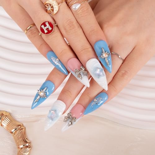 LOVFUL Press on Nails FROZEN | Handmade with Full Covered Crystals | Reusable Full Cover Nails | Stiletto Classic Regular 1.3 in | H319-M