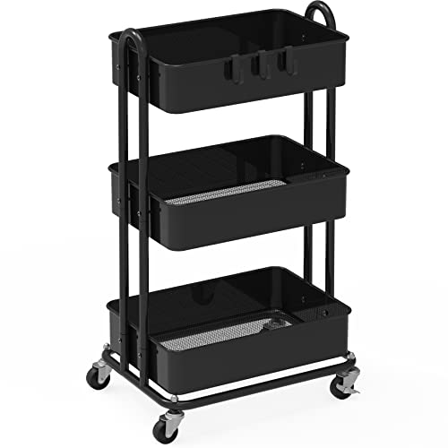 Simple Houseware Heavy Duty 3-Tier Metal Utility Rolling Cart, Black