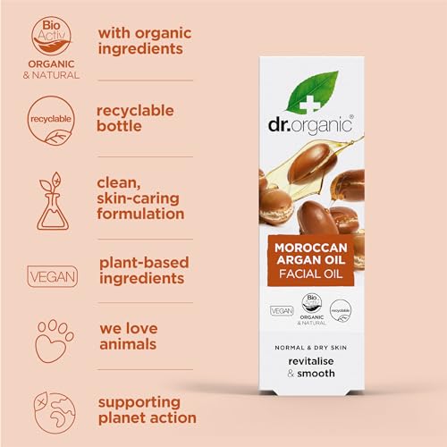 Dr. Organic Moroccan Argan Oil Facial Oil | Nourishing for Healthy Aging, Non-Greasy, Smoothes and Replenishes Skin, Natural, Vegan, Certified Organic, 30 mL / 1 fl oz