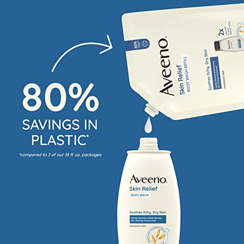 Aveeno Skin Relief Body Wash Fragrance-Free + Triple Oat Formula, Gentle Daily Cleanser for Sensitive Skin Leaves Itchy, Dry Skin Feeling Soothed & Moisturized, Body Wash Refill, 36 fl. oz