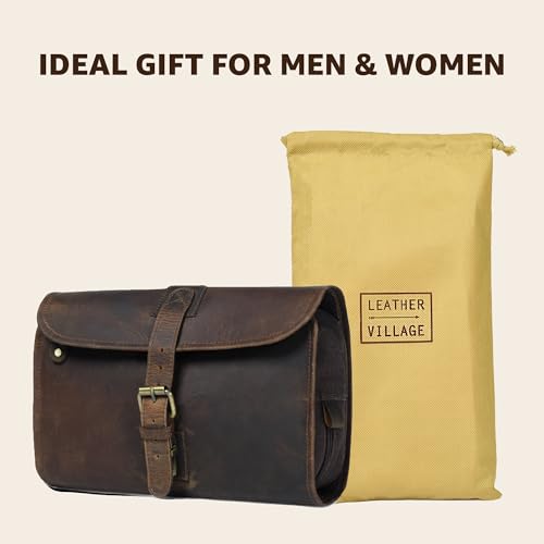 LEATHER VILLAGE Hanging Leather Toiletry Bag for Men ? Handcrafted Vintage Premium Travel Dopp Kit with Waterproof Lining, Shaving Organizer and Shower Bathroom Essentials Case - Brown