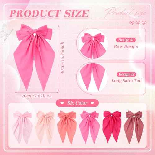 6 Pcs Coquette Large Pink Bow for Girls Women Oversized Long Tail Clip Barrette Ribbons Satin Bows Cute Bowknot Hair Accessories Gift for Birthday Galentine's Day Holidays
