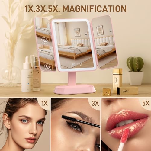 FRANO Pink Rechargeable Trifold Makeup Mirror with Lights, 1X/3X/5X Magnification, Portable Vanity with Dimmable LED for Travel & Desk