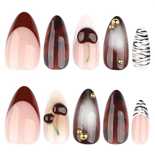 Stbisen 3D Cherry Noir Medium Almond Fake Nails with Tortoise Shell & Gold Accents, Smoky Jelly Gradient, 24PCS, Variation: 3D-65-Cherry Noir