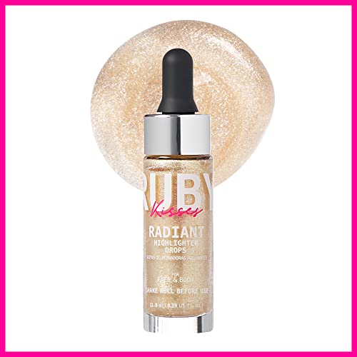 Ruby Kisses Radiant Drops, Shimmer Liquid Highlighter Makeup, Smooth Illuminator for Face Body, Natural Glow Dewiness Glitter for Skin (Champange)