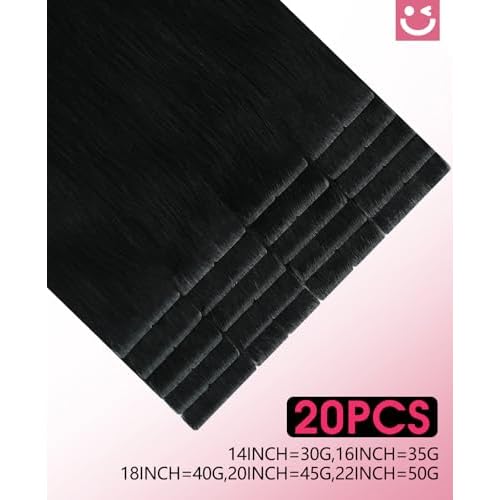 Youngsmile Injection Tape in Hair Extensions Real Human Hair, #1 Jet Black 14 Inch Invisible Edge Tape in Injected Hair Extensions, 20pcs 30g, Straight Remy Virgin Human Hair Tape ins (#1,14'')